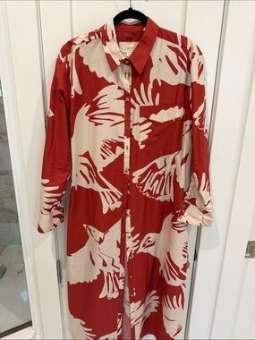 Women’s Red and Cream Printed Long Button-Up Shirt Dress
